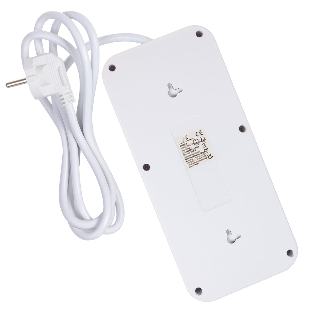 Ciabatta elettrica Maclean, cavo di prolunga a 6 prese + 4xUSB, 110-240V AC 50/60Hz, 2,1A max 2500W, 1,5 m, bianco, MCE389 W