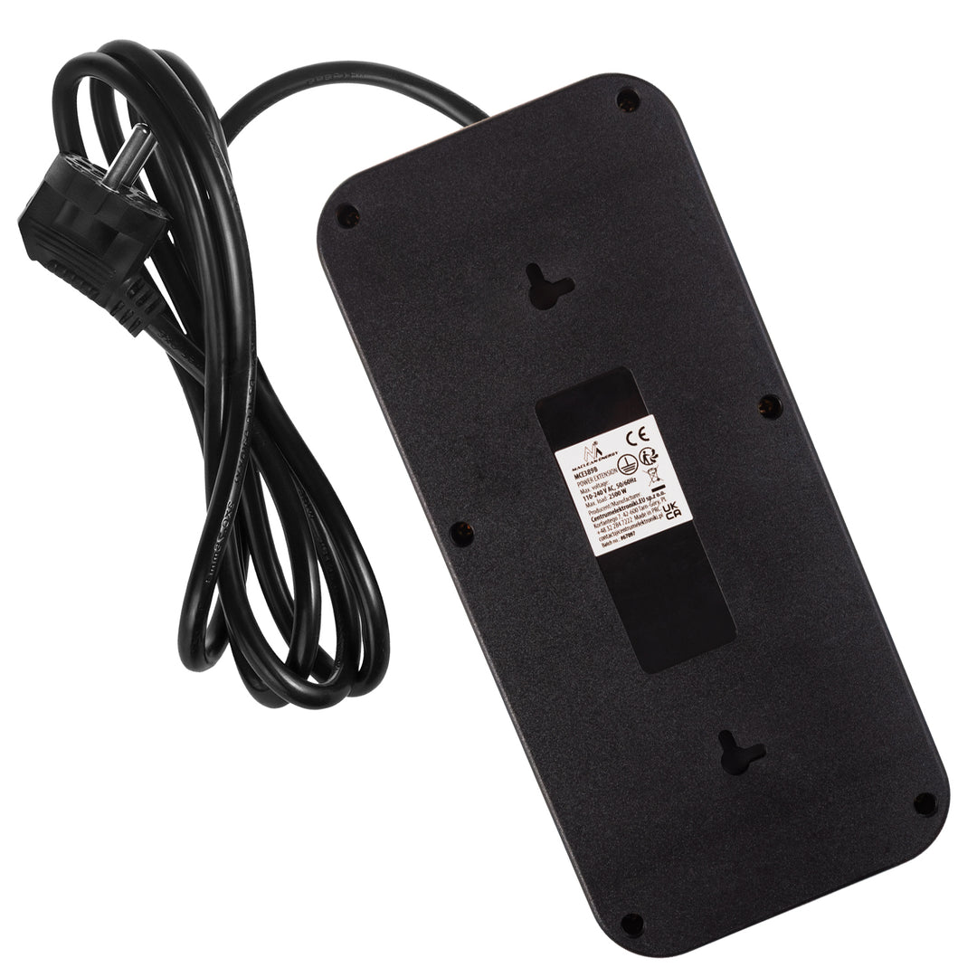 Ciabatta elettrica Maclean, cavo di prolunga a 6 prese + 4xUSB, 110-240V AC 50/60Hz, 2,1A max 2500W, 1,5 m, nero, MCE389 B