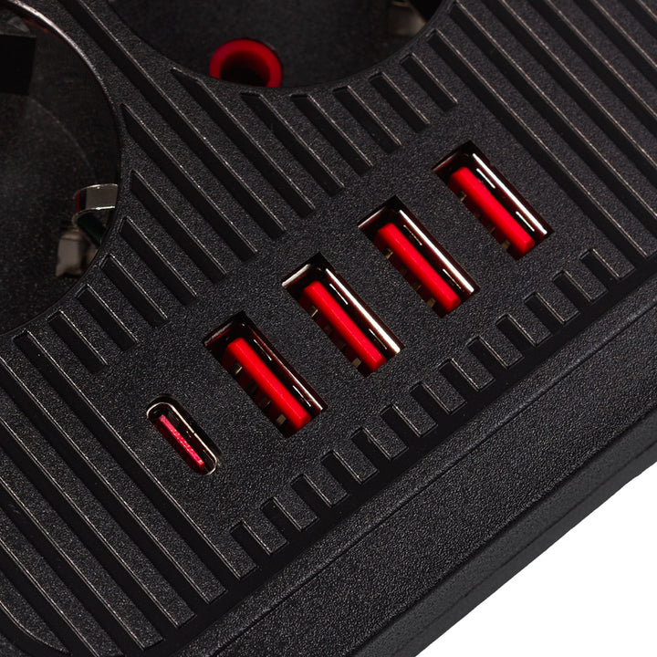 Ciabatta elettrica Maclean, cavo di prolunga a 6 prese + 4xUSB, 110-240V AC 50/60Hz, 2,1A max 2500W, 1,5 m, nero, MCE389 B