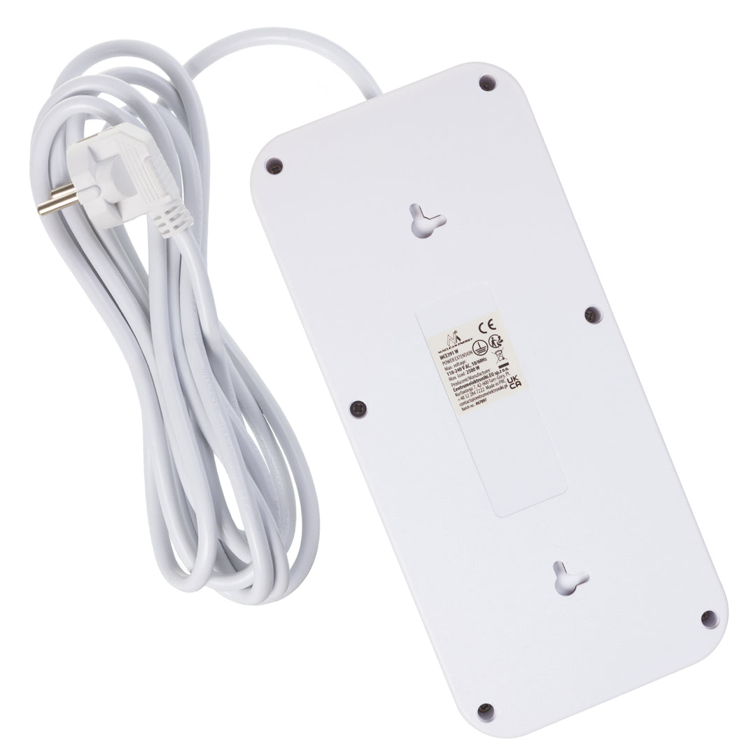 Ciabatta elettrica Maclean, cavo di prolunga a 6 prese + 4xUSB, 110-240V AC 50/60Hz, 2,1A max 2500W, 3m, bianco, MCE391 W