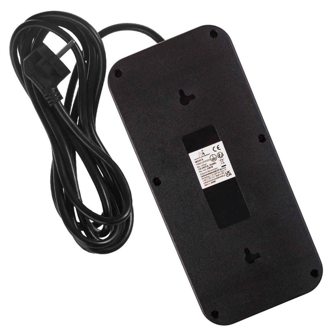 Ciabatta elettrica Maclean, cavo di prolunga a 6 prese + 4xUSB, 110-240V AC 50/60Hz, 2,1A max 2500W, 3m, nero, MCE391 B