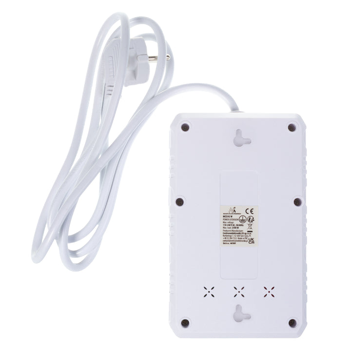 Ciabatta elettrica Maclean, cavo di prolunga a 4 prese + 3xUSB, 110-240V AC 50/60Hz, 2,1A max 2500W, 1,5m, bianco, MCE392 W