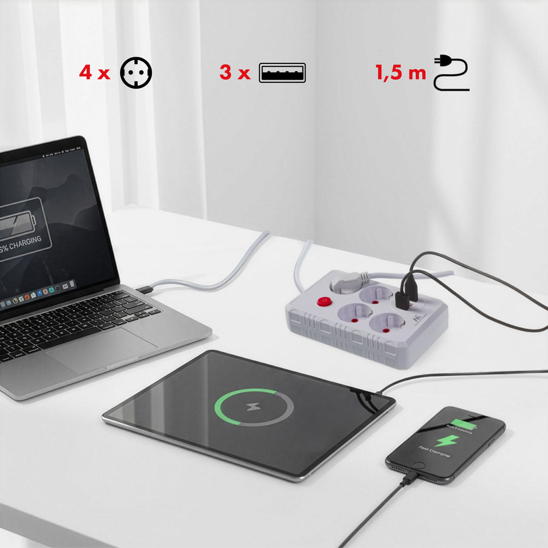 Ciabatta elettrica Maclean, cavo di prolunga a 4 prese + 3xUSB, 110-240V AC 50/60Hz, 2,1A max 2500W, 1,5m, bianco, MCE392 W