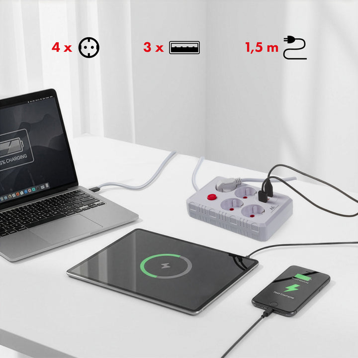 Ciabatta elettrica Maclean, cavo di prolunga a 4 prese + 3xUSB, 110-240V AC 50/60Hz, 2,1A max 2500W, 1,5m, bianco, MCE392 W