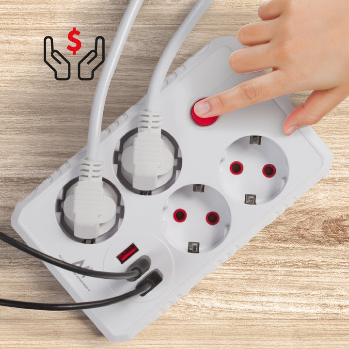 Ciabatta elettrica Maclean, cavo di prolunga a 4 prese + 3xUSB, 110-240V AC 50/60Hz, 2,1A max 2500W, 1,5m, bianco, MCE392 W