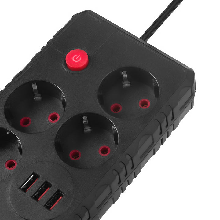 Ciabatta elettrica Maclean, cavo di prolunga a 4 prese + 3xUSB, 110-240V AC 50/60Hz, 2,1A max 2500W, 1,5m, nero, MCE392 B