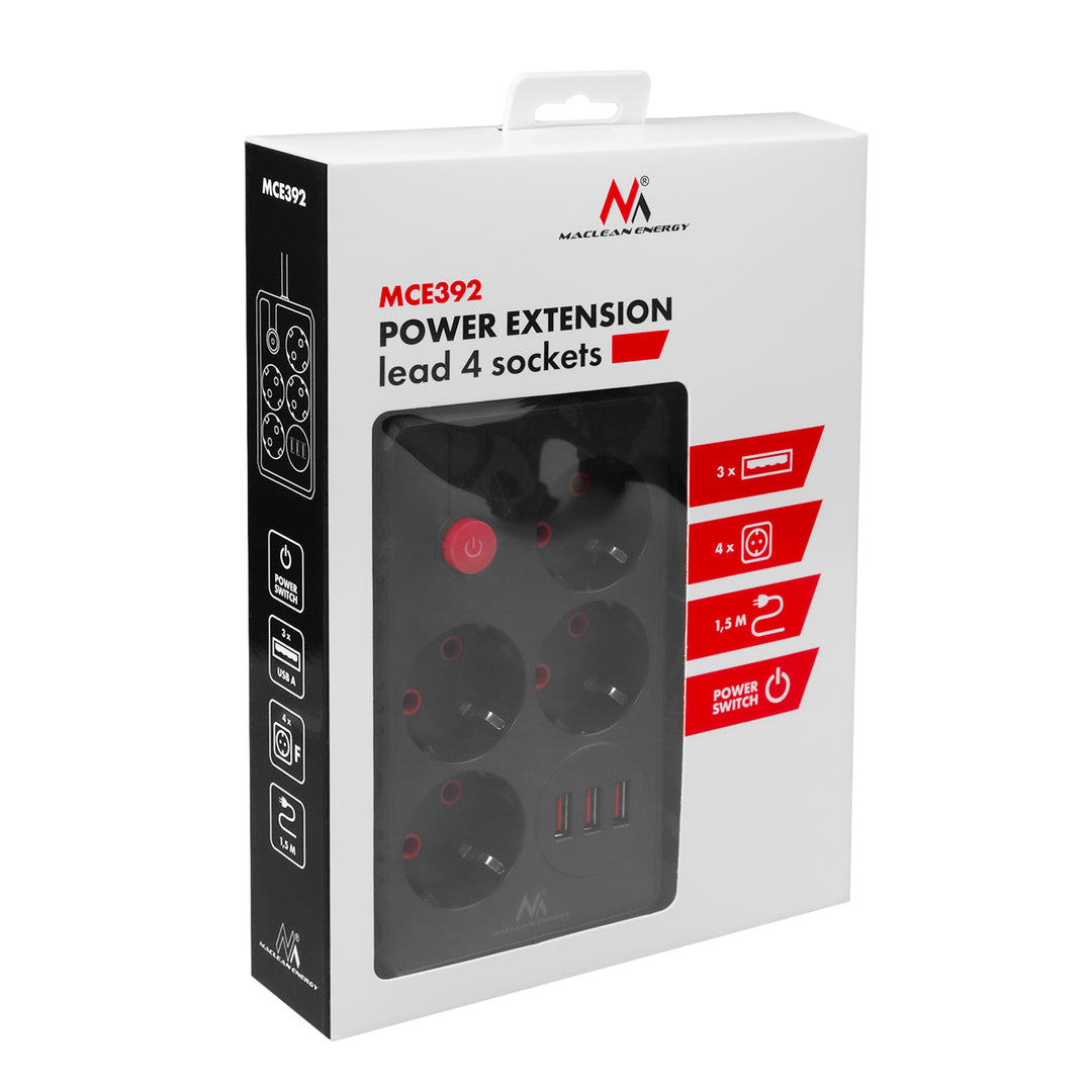 Ciabatta elettrica Maclean, cavo di prolunga a 4 prese + 3xUSB, 110-240V AC 50/60Hz, 2,1A max 2500W, 1,5m, nero, MCE392 B