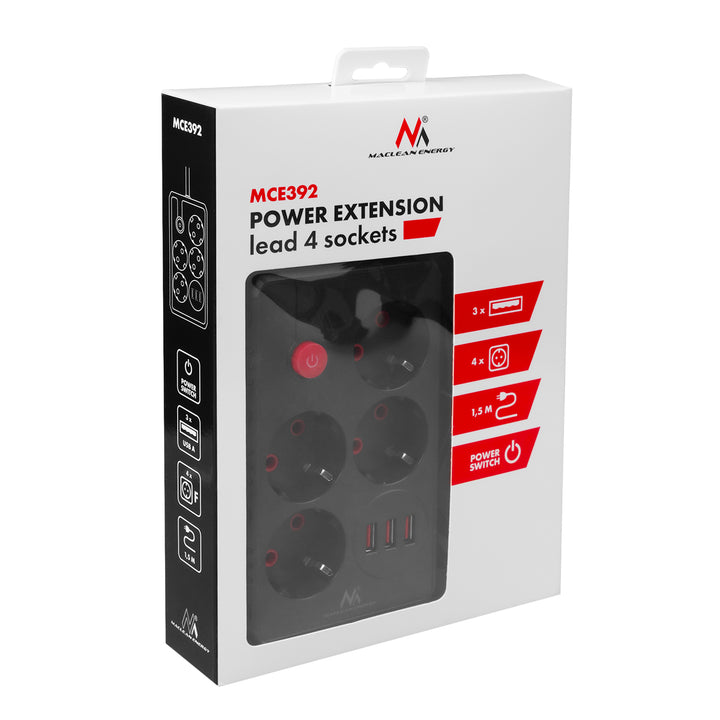 Ciabatta elettrica Maclean, cavo di prolunga a 4 prese + 3xUSB, 110-240V AC 50/60Hz, 2,1A max 2500W, 1,5m, nero, MCE392 B
