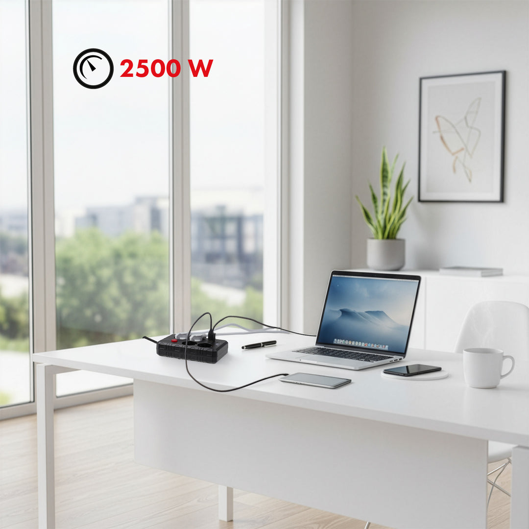 Ciabatta elettrica Maclean, cavo di prolunga a 4 prese + 3xUSB, 110-240V AC 50/60Hz, 2,1A max 2500W, 1,5m, nero, MCE392 B