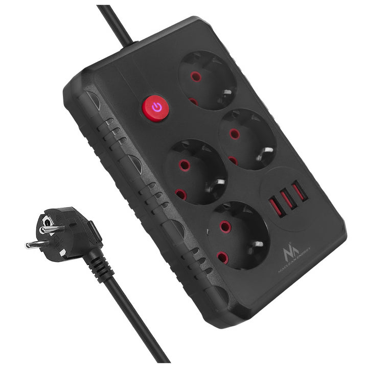 Ciabatta elettrica Maclean, cavo di prolunga a 4 prese + 3xUSB, 110-240V AC 50/60Hz, 2,1A max 2500W, 1,5m, nero, MCE392 B