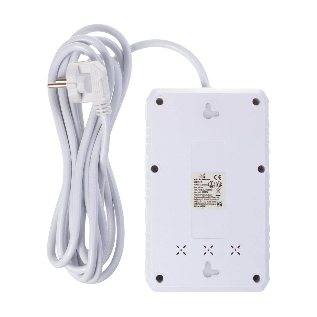 Ciabatta elettrica Maclean, cavo di prolunga a 4 prese + 3xUSB, 110-240V AC 50/60Hz, 2,1A max 2500W, 3m, bianco, MCE393 W