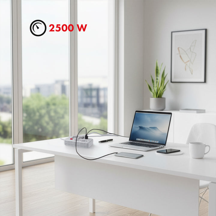 Ciabatta elettrica Maclean, cavo di prolunga a 4 prese + 3xUSB, 110-240V AC 50/60Hz, 2,1A max 2500W, 3m, bianco, MCE393 W