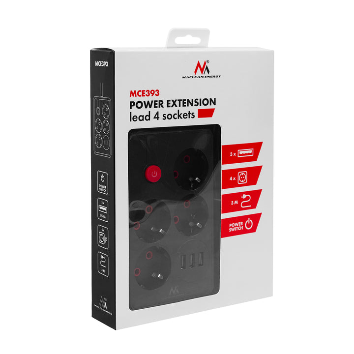 Ciabatta elettrica Maclean, cavo di prolunga a 4 prese + 3xUSB, 110-240V AC 50/60Hz, 2,1A max 2500W, 3m, nero, MCE393 B