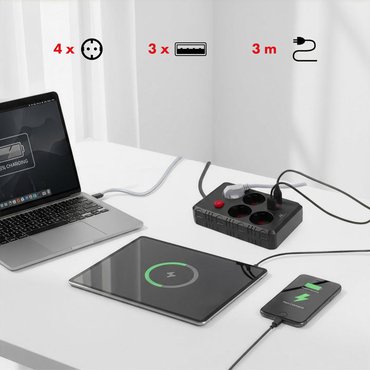 Ciabatta elettrica Maclean, cavo di prolunga a 4 prese + 3xUSB, 110-240V AC 50/60Hz, 2,1A max 2500W, 3m, nero, MCE393 B