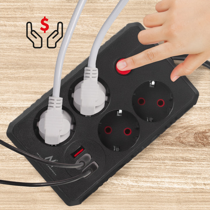 Ciabatta elettrica Maclean, cavo di prolunga a 4 prese + 3xUSB, 110-240V AC 50/60Hz, 2,1A max 2500W, 3m, nero, MCE393 B