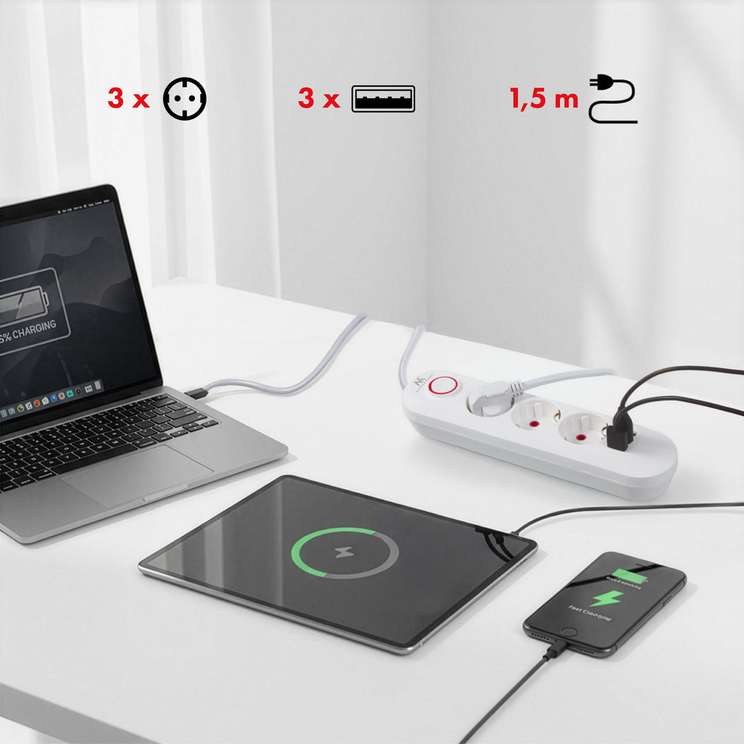 Ciabatta elettrica Maclean, cavo di prolunga a 3 prese + 3xUSB, 110-240V AC 50/60Hz, 2,1A max 2500W, 1,5m, bianco, MCE394 W