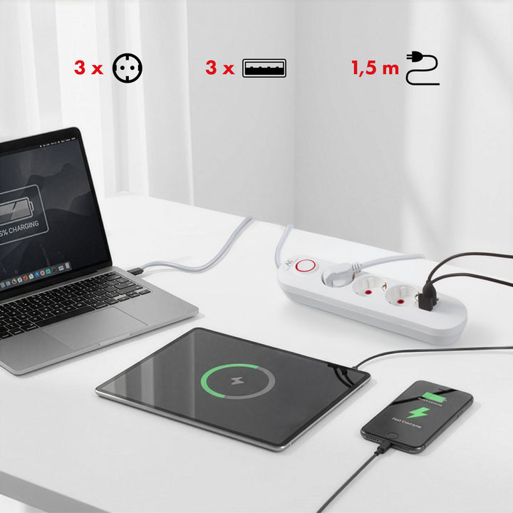 Ciabatta elettrica Maclean, cavo di prolunga a 3 prese + 3xUSB, 110-240V AC 50/60Hz, 2,1A max 2500W, 1,5m, bianco, MCE394 W