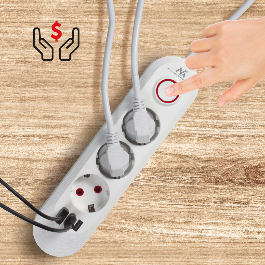 Ciabatta elettrica Maclean, cavo di prolunga a 3 prese + 3xUSB, 110-240V AC 50/60Hz, 2,1A max 2500W, 1,5m, bianco, MCE394 W