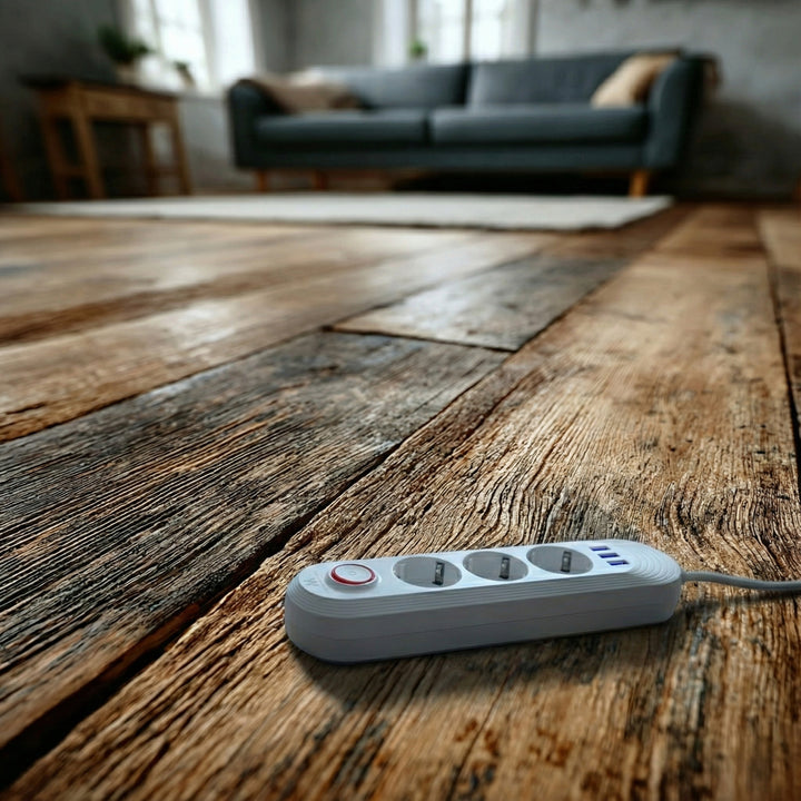 Ciabatta elettrica Maclean, cavo di prolunga a 3 prese + 3xUSB, 110-240V AC 50/60Hz, 2,1A max 2500W, 1,5m, bianco, MCE394 W