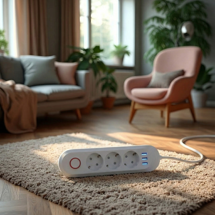 Ciabatta elettrica Maclean, cavo di prolunga a 3 prese + 3xUSB, 110-240V AC 50/60Hz, 2,1A max 2500W, 1,5m, bianco, MCE394 W