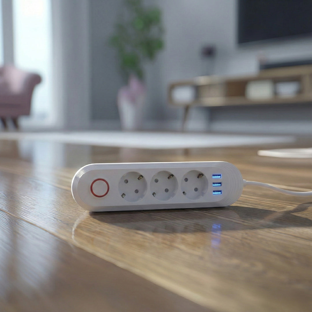 Ciabatta elettrica Maclean, cavo di prolunga a 3 prese + 3xUSB, 110-240V AC 50/60Hz, 2,1A max 2500W, 1,5m, bianco, MCE394 W