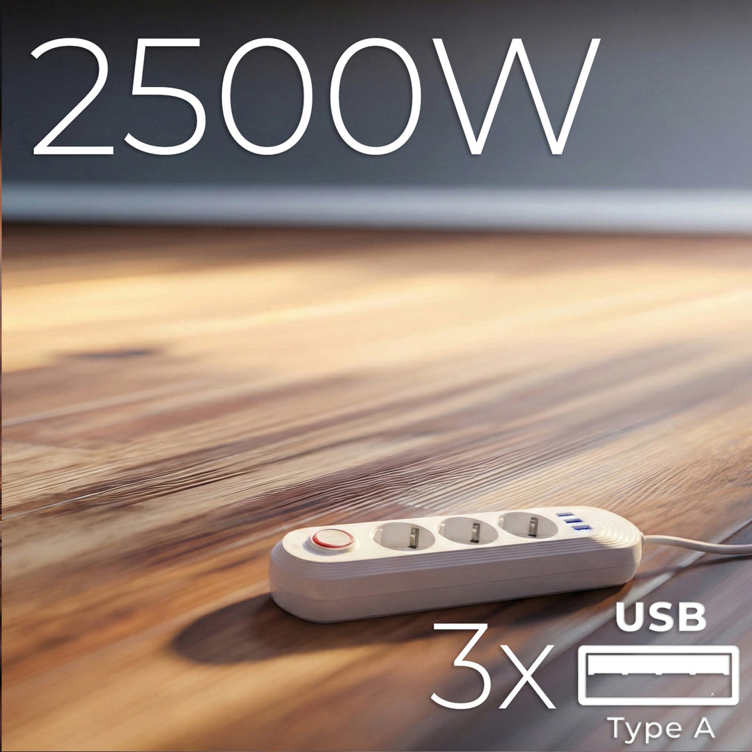 Ciabatta elettrica Maclean, cavo di prolunga a 3 prese + 3xUSB, 110-240V AC 50/60Hz, 2,1A max 2500W, 1,5m, bianco, MCE394 W