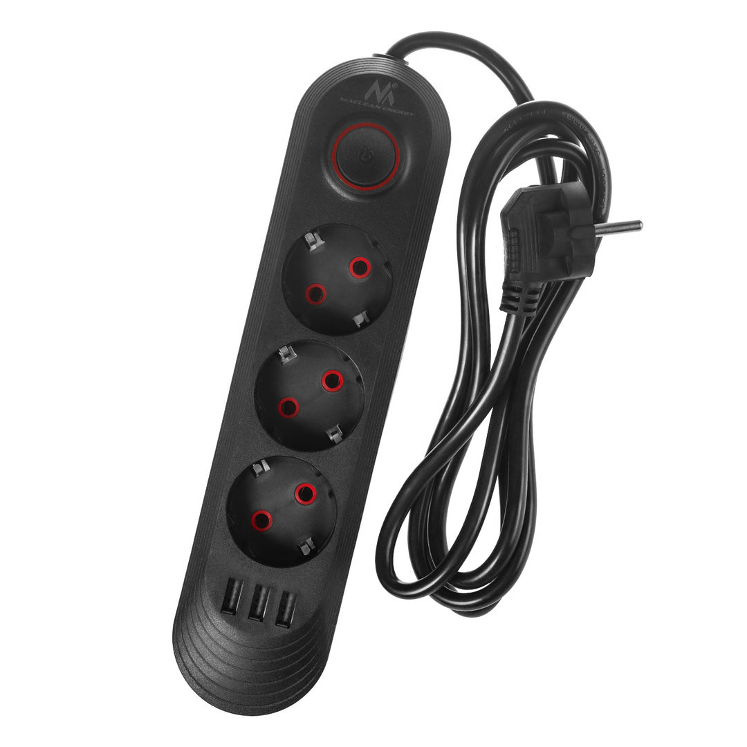 Ciabatta elettrica Maclean, cavo di prolunga a 3 prese + 3xUSB, 110-240V AC 50/60Hz, 2,1A max 2500W, 1,5m, nero, MCE394 B