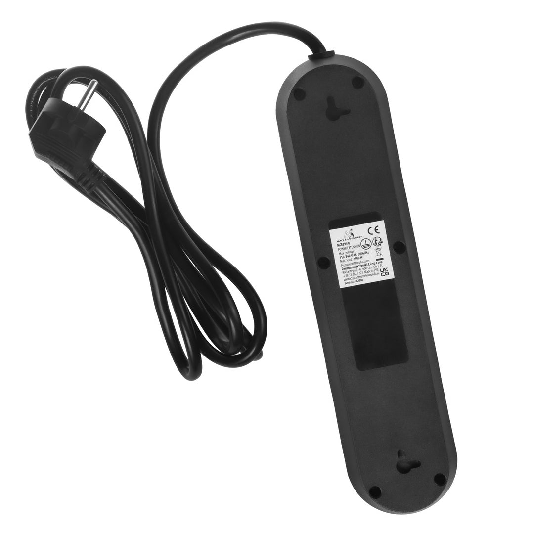 Ciabatta elettrica Maclean, cavo di prolunga a 3 prese + 3xUSB, 110-240V AC 50/60Hz, 2,1A max 2500W, 1,5m, nero, MCE394 B