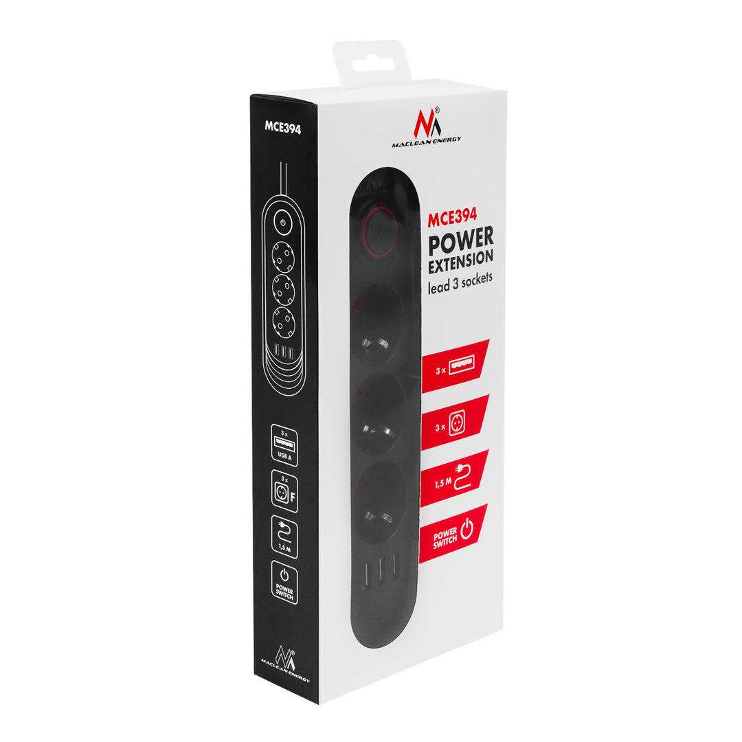 Ciabatta elettrica Maclean, cavo di prolunga a 3 prese + 3xUSB, 110-240V AC 50/60Hz, 2,1A max 2500W, 1,5m, nero, MCE394 B