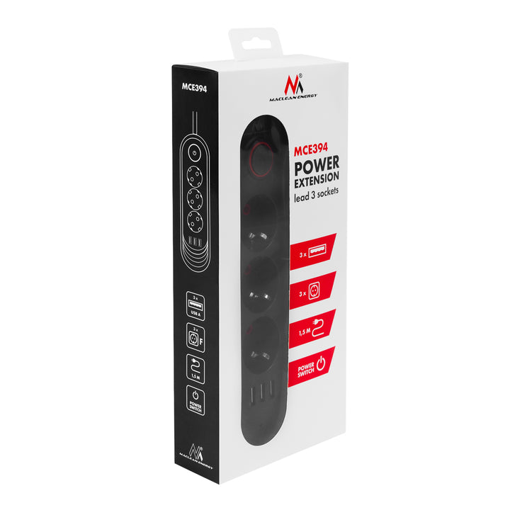 Ciabatta elettrica Maclean, cavo di prolunga a 3 prese + 3xUSB, 110-240V AC 50/60Hz, 2,1A max 2500W, 1,5m, nero, MCE394 B