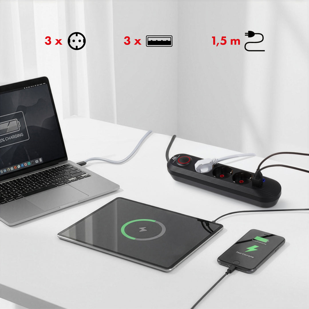 Ciabatta elettrica Maclean, cavo di prolunga a 3 prese + 3xUSB, 110-240V AC 50/60Hz, 2,1A max 2500W, 1,5m, nero, MCE394 B