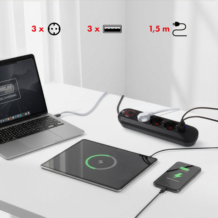 Ciabatta elettrica Maclean, cavo di prolunga a 3 prese + 3xUSB, 110-240V AC 50/60Hz, 2,1A max 2500W, 1,5m, nero, MCE394 B