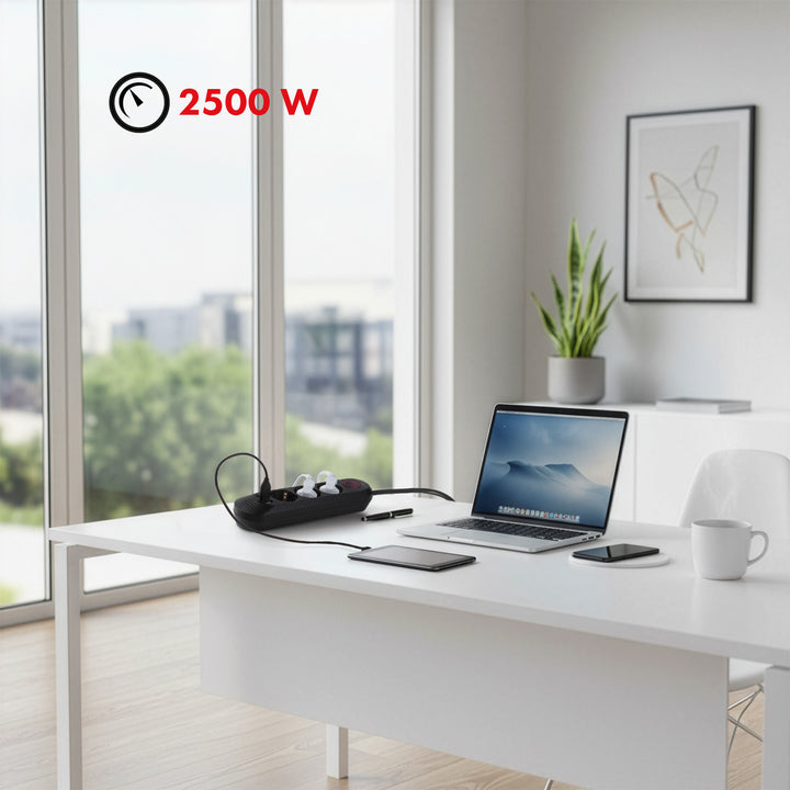 Ciabatta elettrica Maclean, cavo di prolunga a 3 prese + 3xUSB, 110-240V AC 50/60Hz, 2,1A max 2500W, 1,5m, nero, MCE394 B