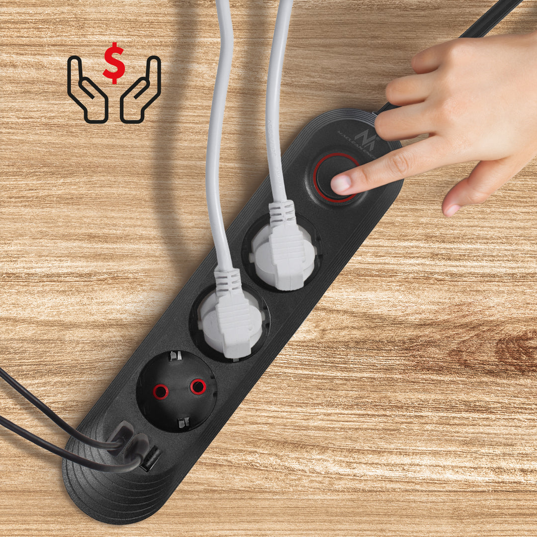 Ciabatta elettrica Maclean, cavo di prolunga a 3 prese + 3xUSB, 110-240V AC 50/60Hz, 2,1A max 2500W, 1,5m, nero, MCE394 B