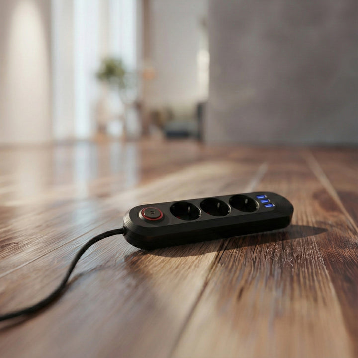 Ciabatta elettrica Maclean, cavo di prolunga a 3 prese + 3xUSB, 110-240V AC 50/60Hz, 2,1A max 2500W, 1,5m, nero, MCE394 B