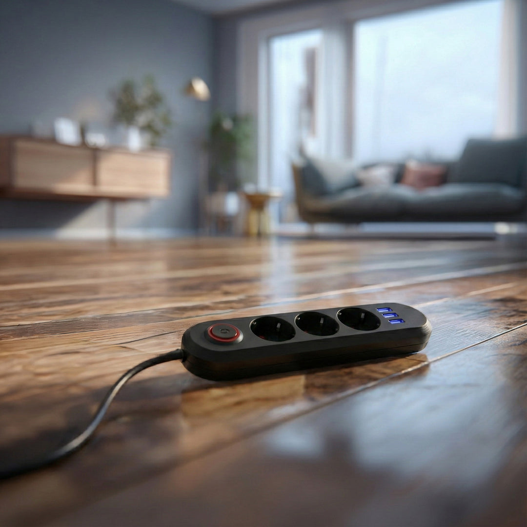 Ciabatta elettrica Maclean, cavo di prolunga a 3 prese + 3xUSB, 110-240V AC 50/60Hz, 2,1A max 2500W, 1,5m, nero, MCE394 B