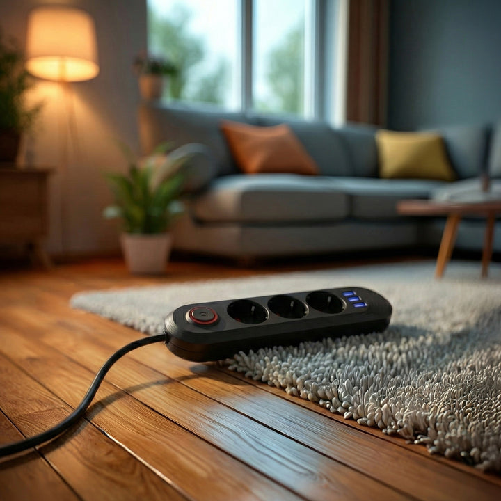 Ciabatta elettrica Maclean, cavo di prolunga a 3 prese + 3xUSB, 110-240V AC 50/60Hz, 2,1A max 2500W, 1,5m, nero, MCE394 B