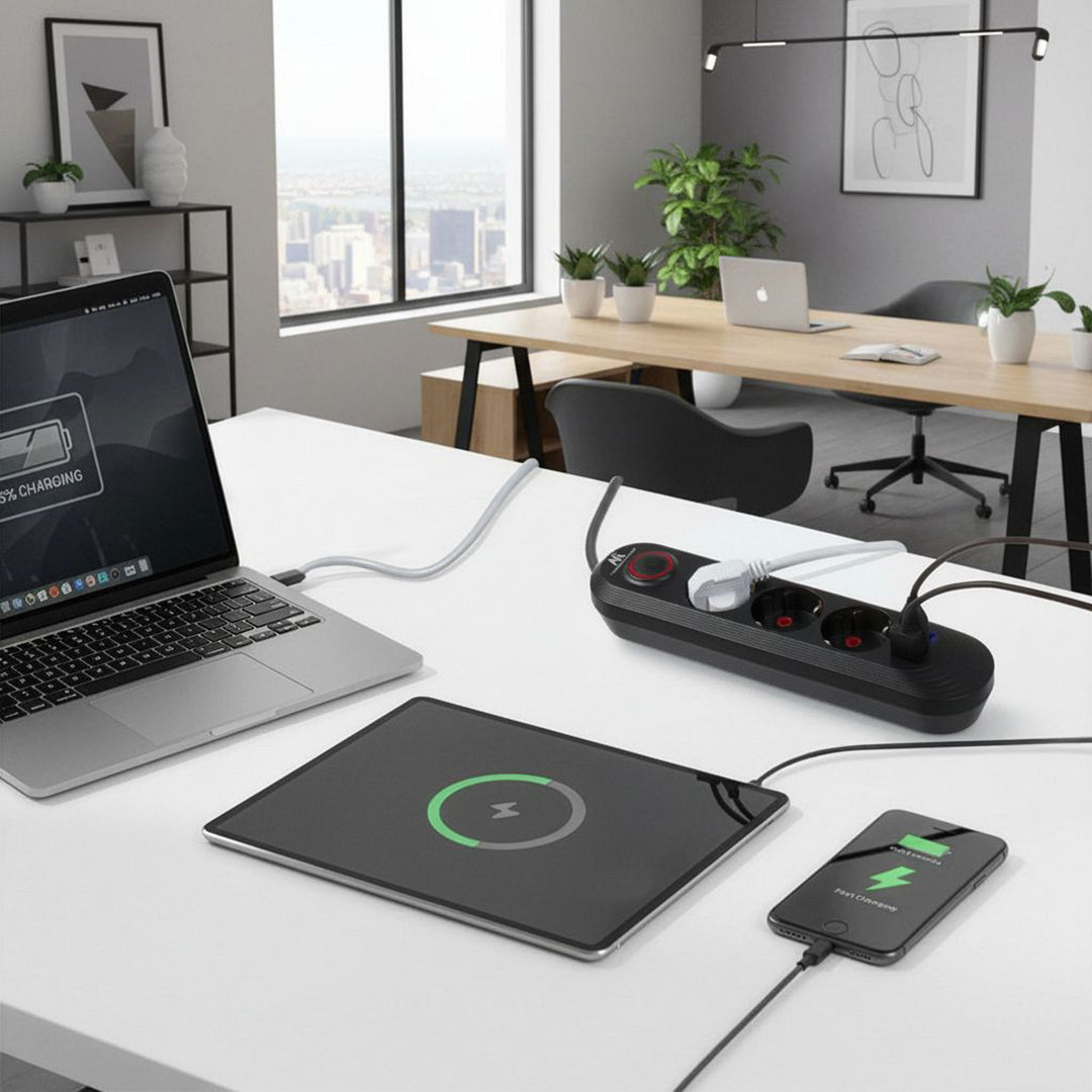 Ciabatta elettrica Maclean, cavo di prolunga a 3 prese + 3xUSB, 110-240V AC 50/60Hz, 2,1A max 2500W, 1,5m, nero, MCE394 B