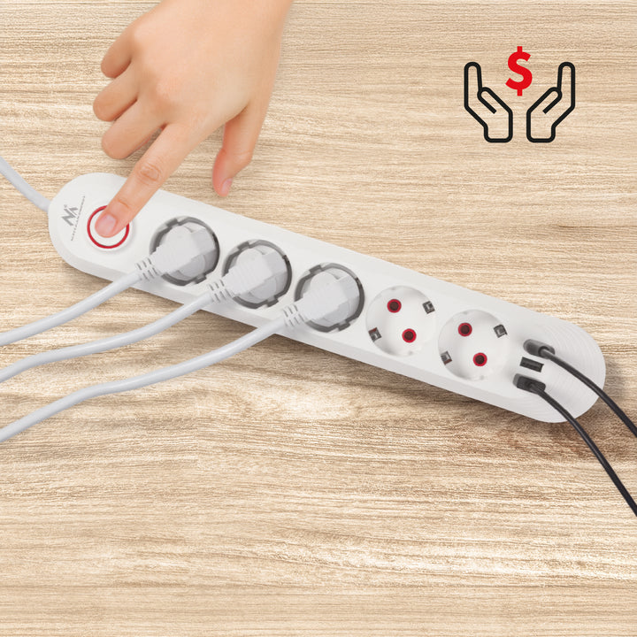 Ciabatta elettrica Maclean, cavo di prolunga a 5 prese + 3xUSB, 110-240V AC 50/60Hz, 2,1A max 2500W, 1,5m, bianco, MCE395 W