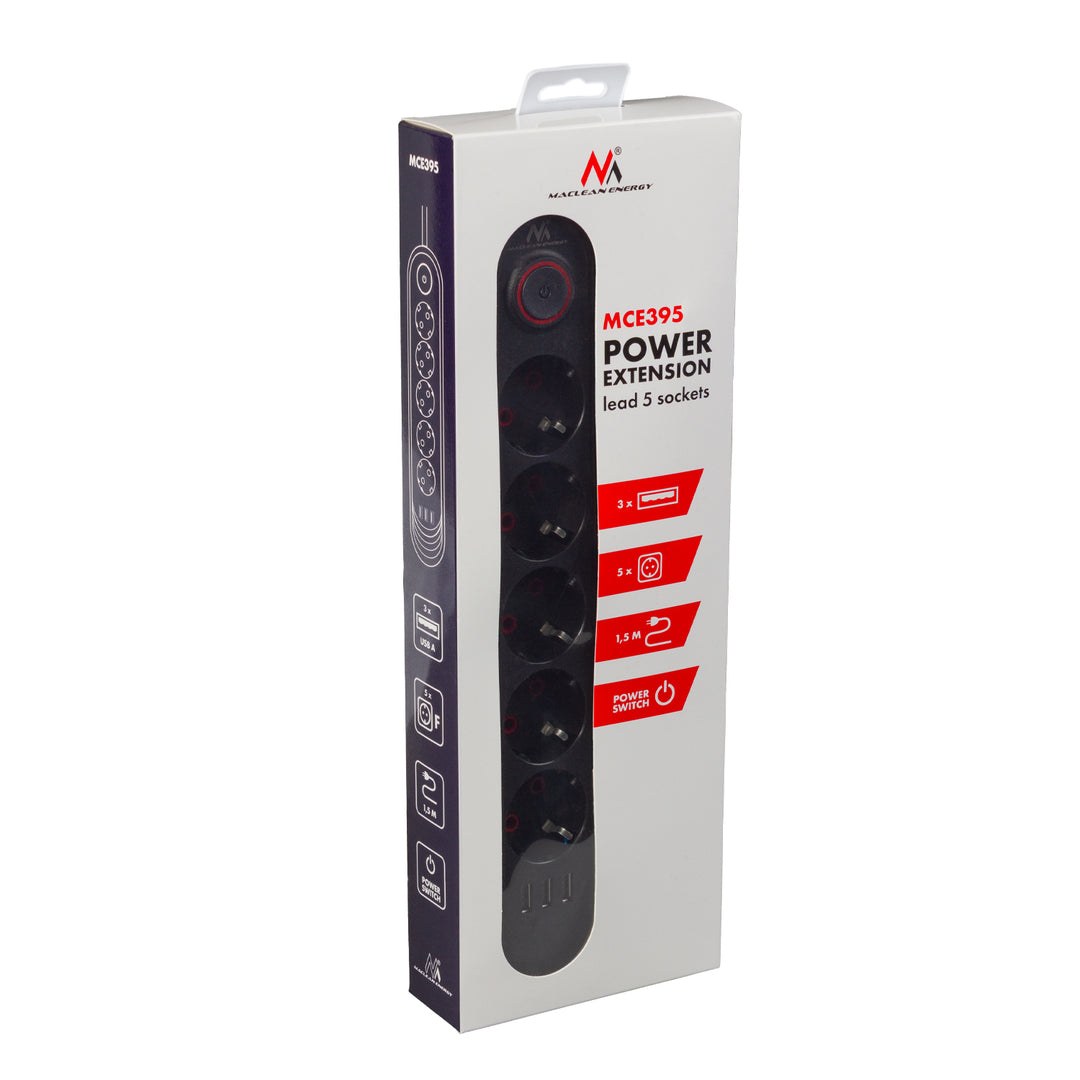 Ciabatta elettrica Maclean, cavo di prolunga a 5 prese + 3xUSB, 110-240V AC 50/60Hz, 2,1A max 2500W, 1,5m, nero, MCE395 B