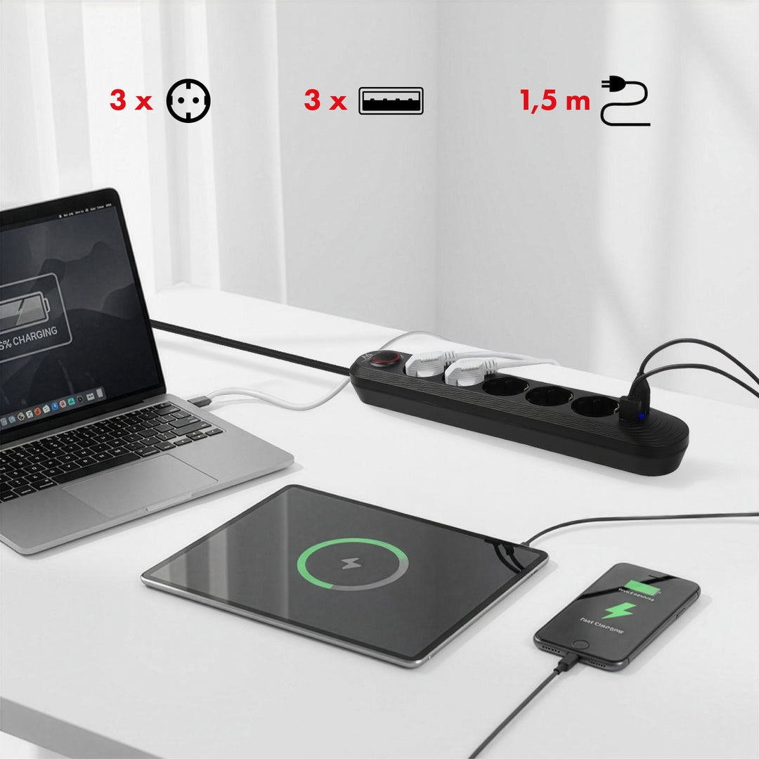 Ciabatta elettrica Maclean, cavo di prolunga a 5 prese + 3xUSB, 110-240V AC 50/60Hz, 2,1A max 2500W, 1,5m, nero, MCE395 B