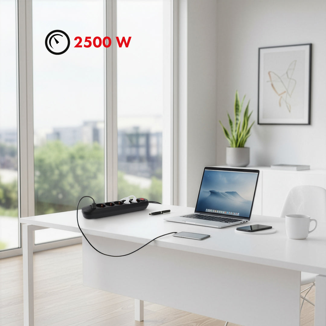 Ciabatta elettrica Maclean, cavo di prolunga a 5 prese + 3xUSB, 110-240V AC 50/60Hz, 2,1A max 2500W, 1,5m, nero, MCE395 B