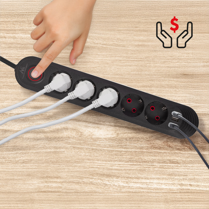 Ciabatta elettrica Maclean, cavo di prolunga a 5 prese + 3xUSB, 110-240V AC 50/60Hz, 2,1A max 2500W, 1,5m, nero, MCE395 B