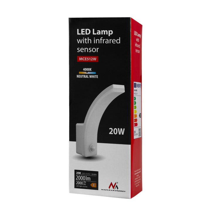 Sensore di movimento Maclean Lampada LED, sensore di movimento PIR, bianco, 20W, IP65, 2000lm, bianco neutro (4000K) MCE512 W, 2 pezzi