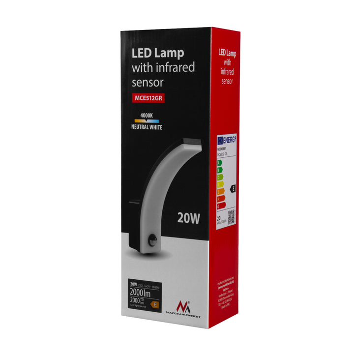 Sensore di movimento Maclean Lampada LED, sensore di movimento PIR, grigio, 20W, IP65, 2000lm, bianco neutro (4000K) MCE512 GR, 2 pezzi