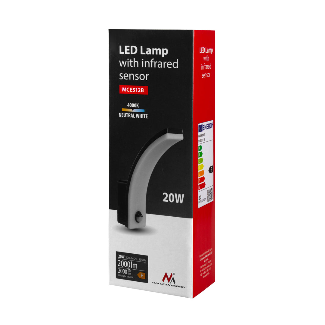 Sensore di movimento Maclean Lampada LED, sensore di movimento PIR, nero, 20W, IP65, 2000lm, bianco neutro (4000K) MCE512 B, 2 pezzi