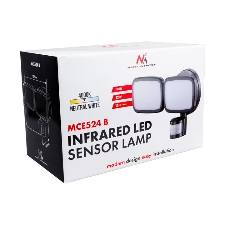 Lampada da parete a LED Maclean, con sensore PIR, 20 W, 1500 lm, IP65, bianco neutro 4000 K, nera, MCE524 B