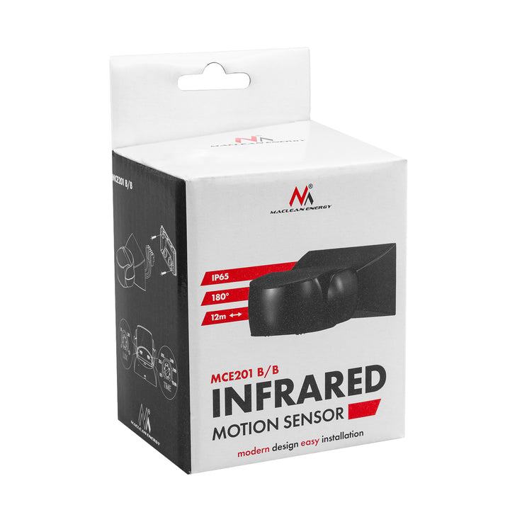 Sensore di movimento PIR Maclean, a infrarossi, IP65, nero con copertura nera, portata 12 m, MCE201 B/B