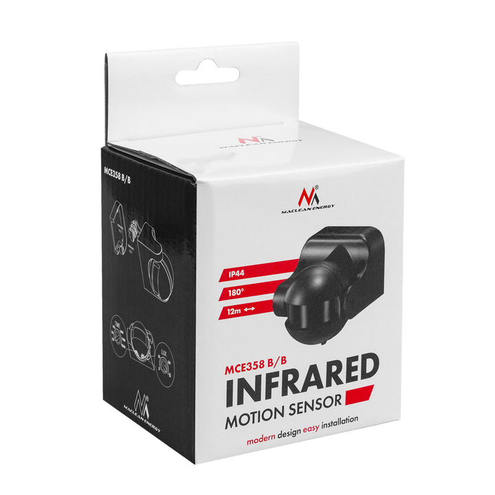 Sensore di movimento PIR Maclean, a infrarossi, IP44, nero con copertura nera, portata 12 m, carico massimo 300/1200 W, MCE358 B/B