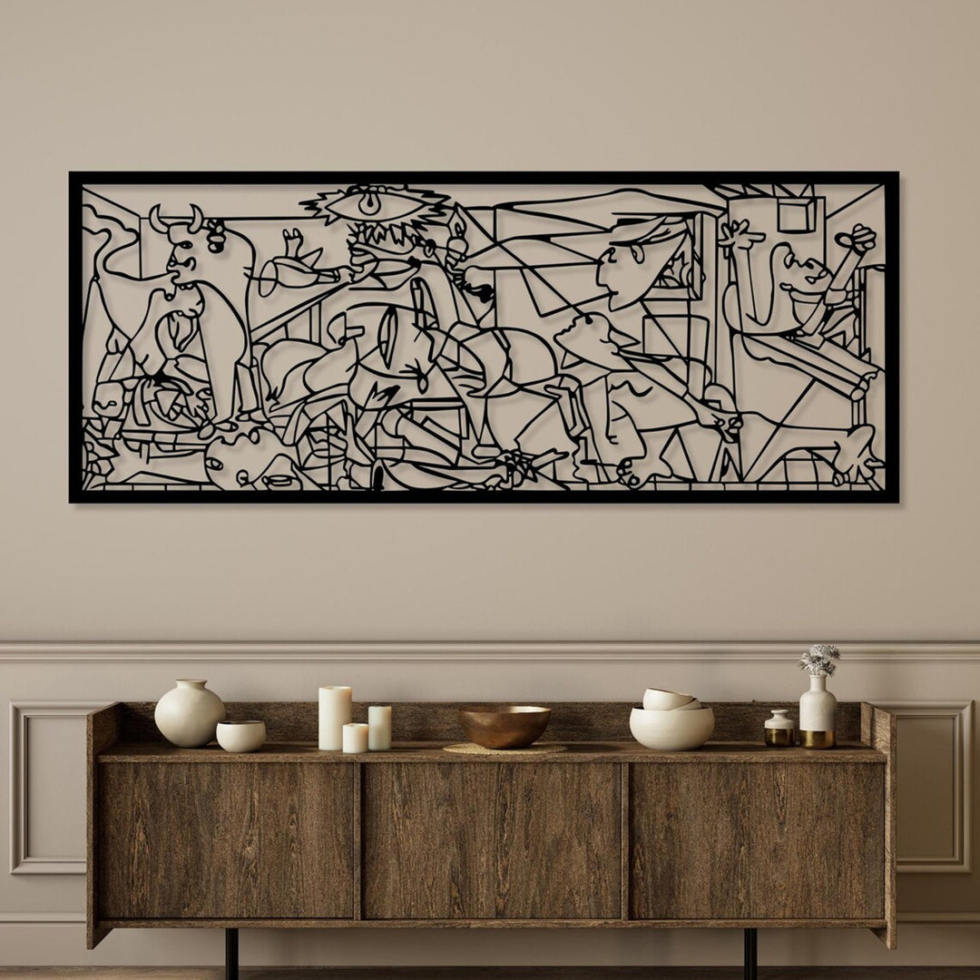 Quadro traforato, decorazione murale 3D, quadro 3D "Guernica di Pablo Picasso" 150x60cm Nero